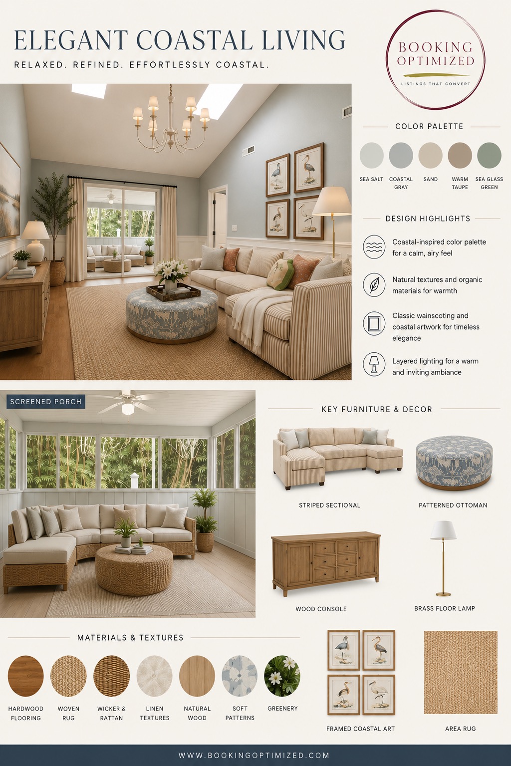 Elegant Coastal Living design board with palette, furniture, materials, and textures by Booking Optimized