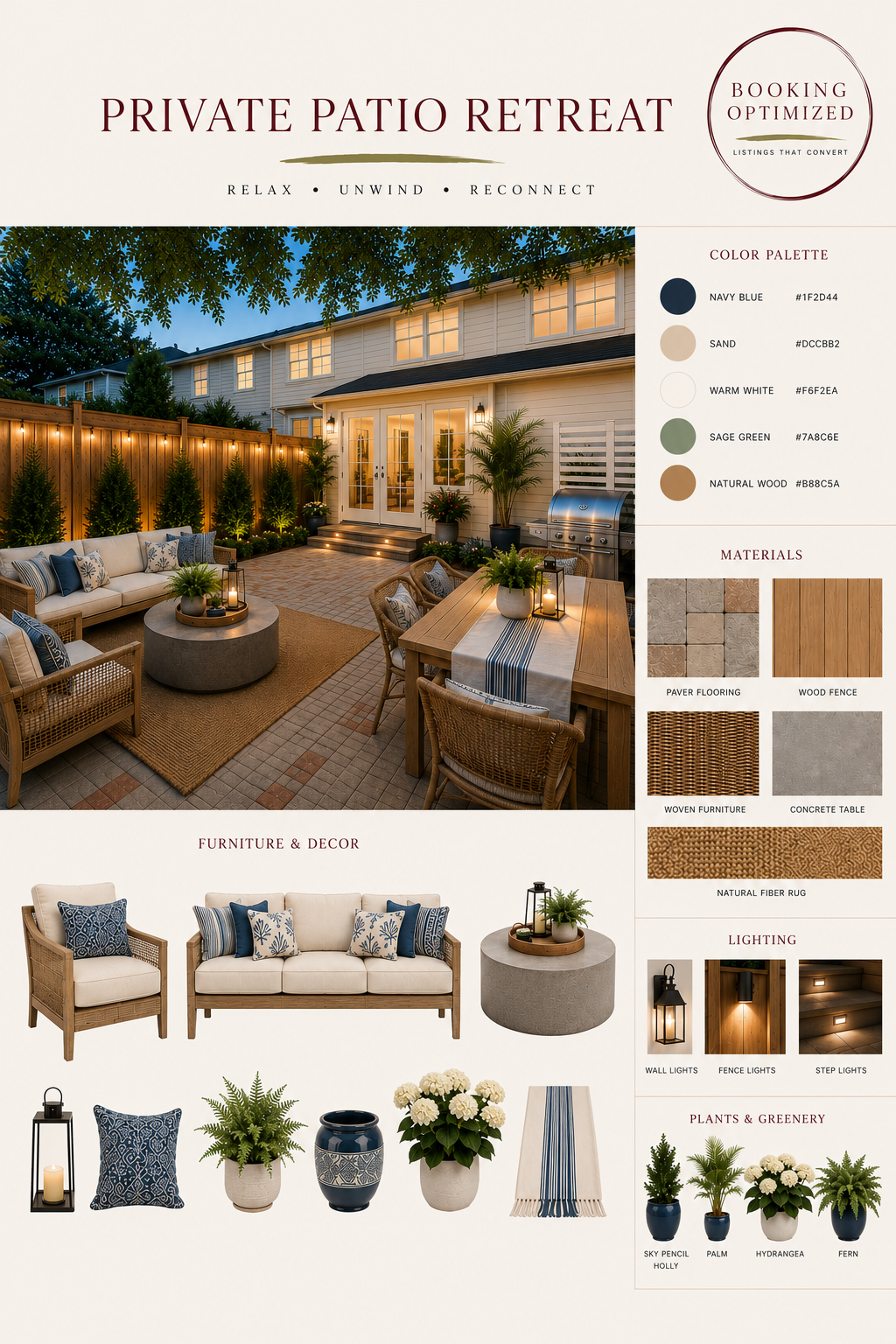 Private Patio Retreat design board with palette, materials, furniture, lighting, and plantings by Booking Optimized