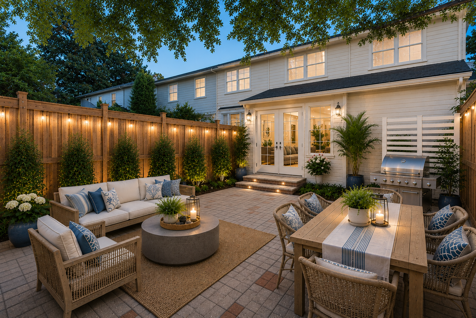 Private patio retreat after renovation: woven sectional, dining set, string lights, lush plantings at dusk