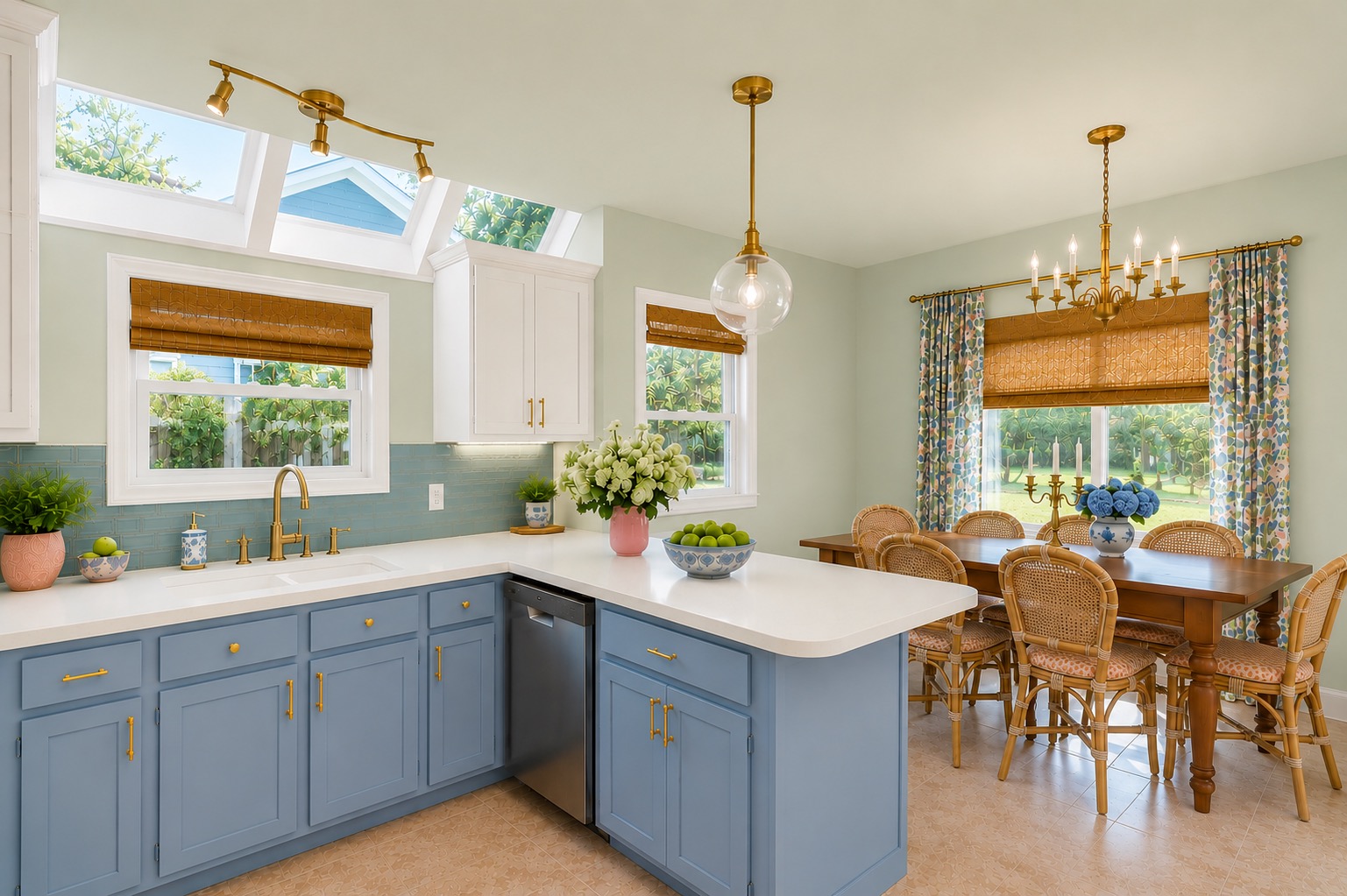 Coastal kitchen after renovation: sky-blue cabinets, brass fixtures, sea-glass backsplash, rattan dining set