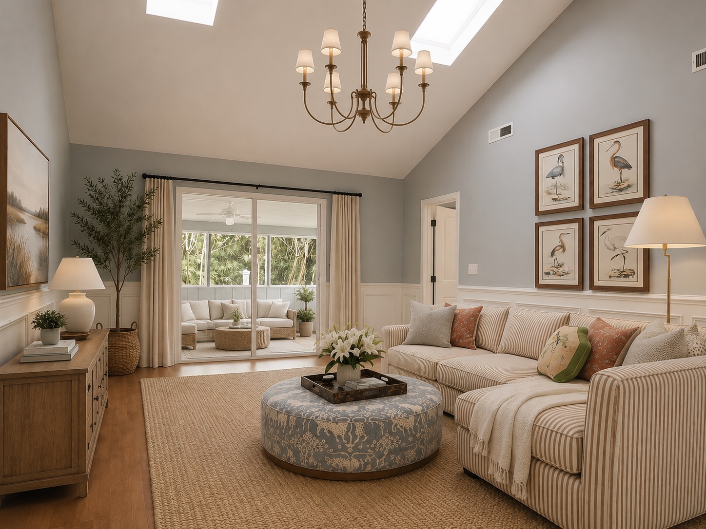 Coastal living room after renovation: striped sectional, patterned ottoman, brass chandelier, framed heron art