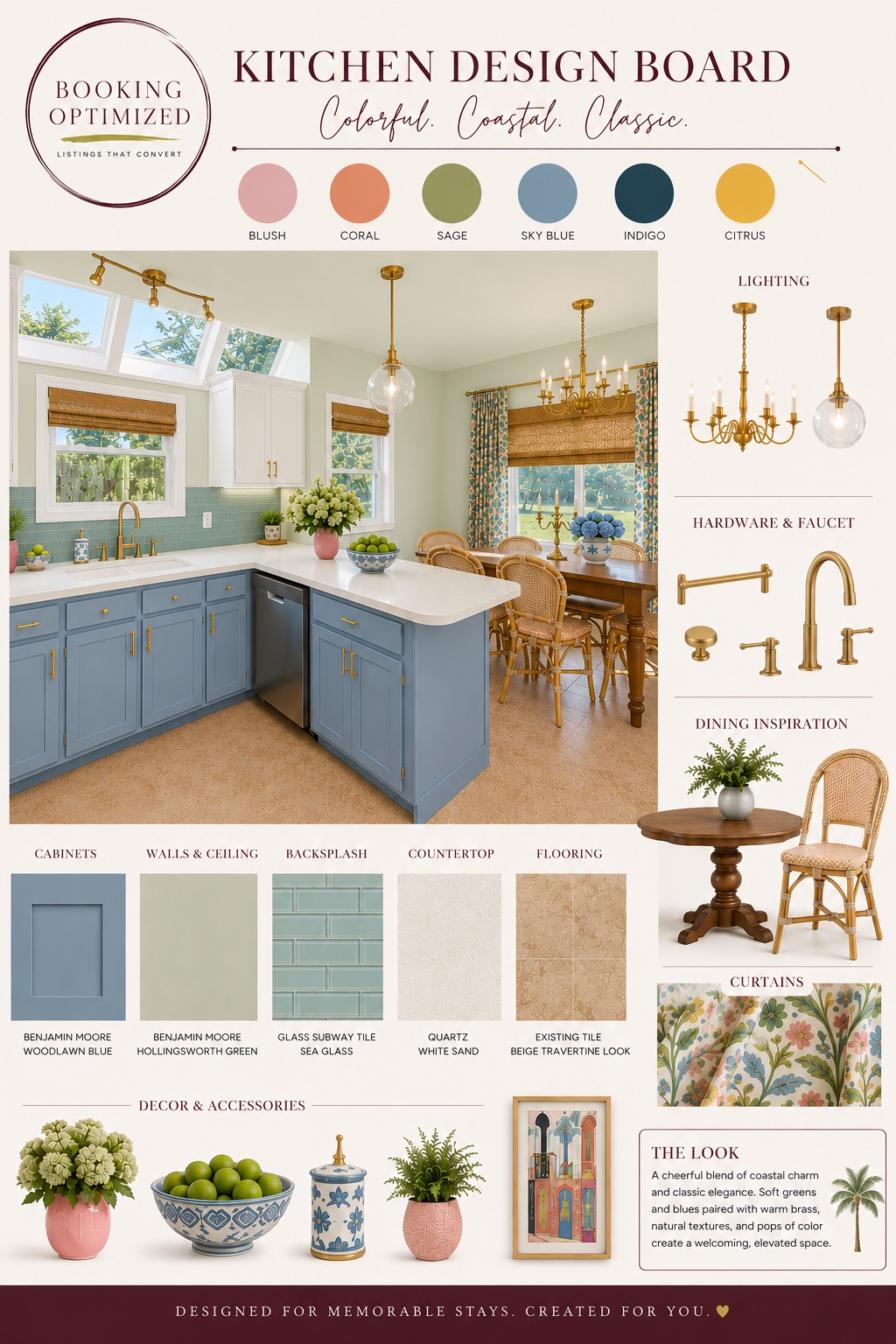 Kitchen design board with palette, finishes, lighting, and decor selections by Booking Optimized